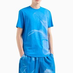 Armani Exchange Men's Regular Fit Large Floral Print Tee Blue SMALL